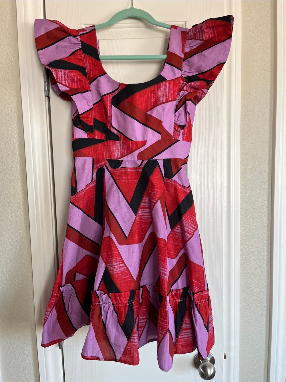 Tuckernuck Red, Pink & Black Geometric Ruffle Dress
